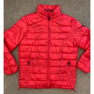 GUESS Jacket Mens M Light Weight Puffer Quilted Packable Nylon Red Zip-Up